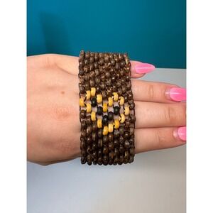 Handmade‎ Wood Bead Stretch Cuff Bracelet Brown Heart Motif Wide Boho